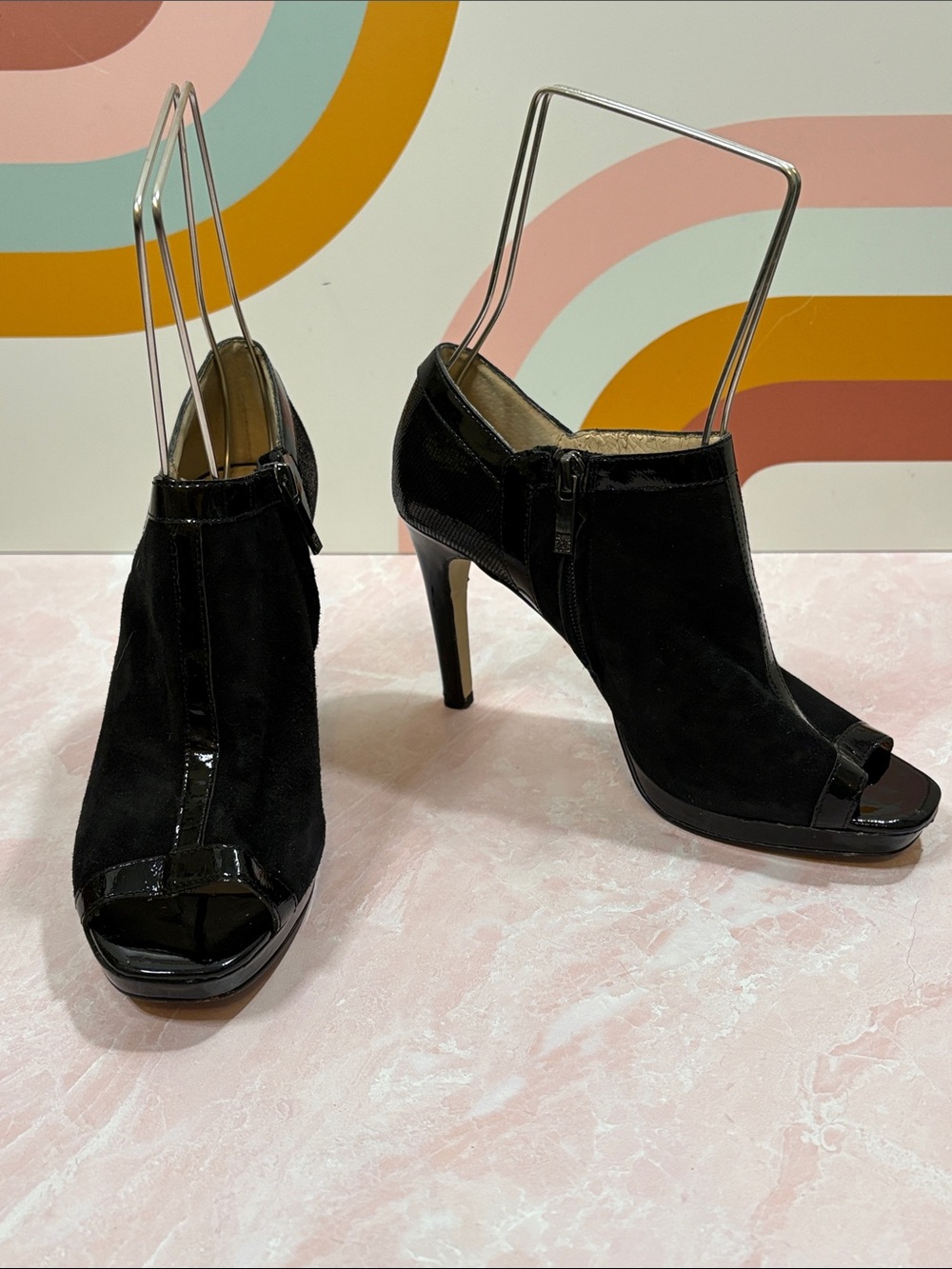Anne Klein Black Suede Peep-Toe Booties Patent Trim 1/2” Platform, 3.75” Heel |7